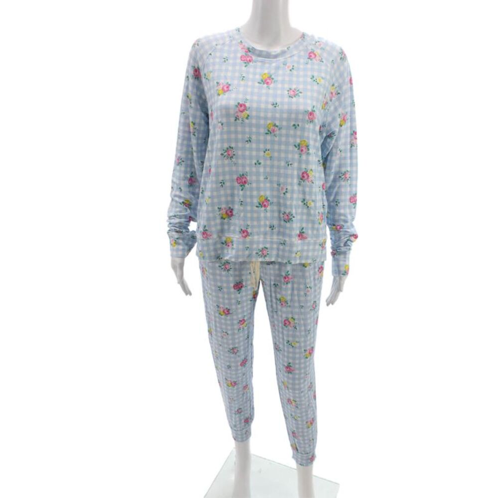 Stripe & Stare Womens Floral Gingham Crew Neck Pajama Set Blue Size M